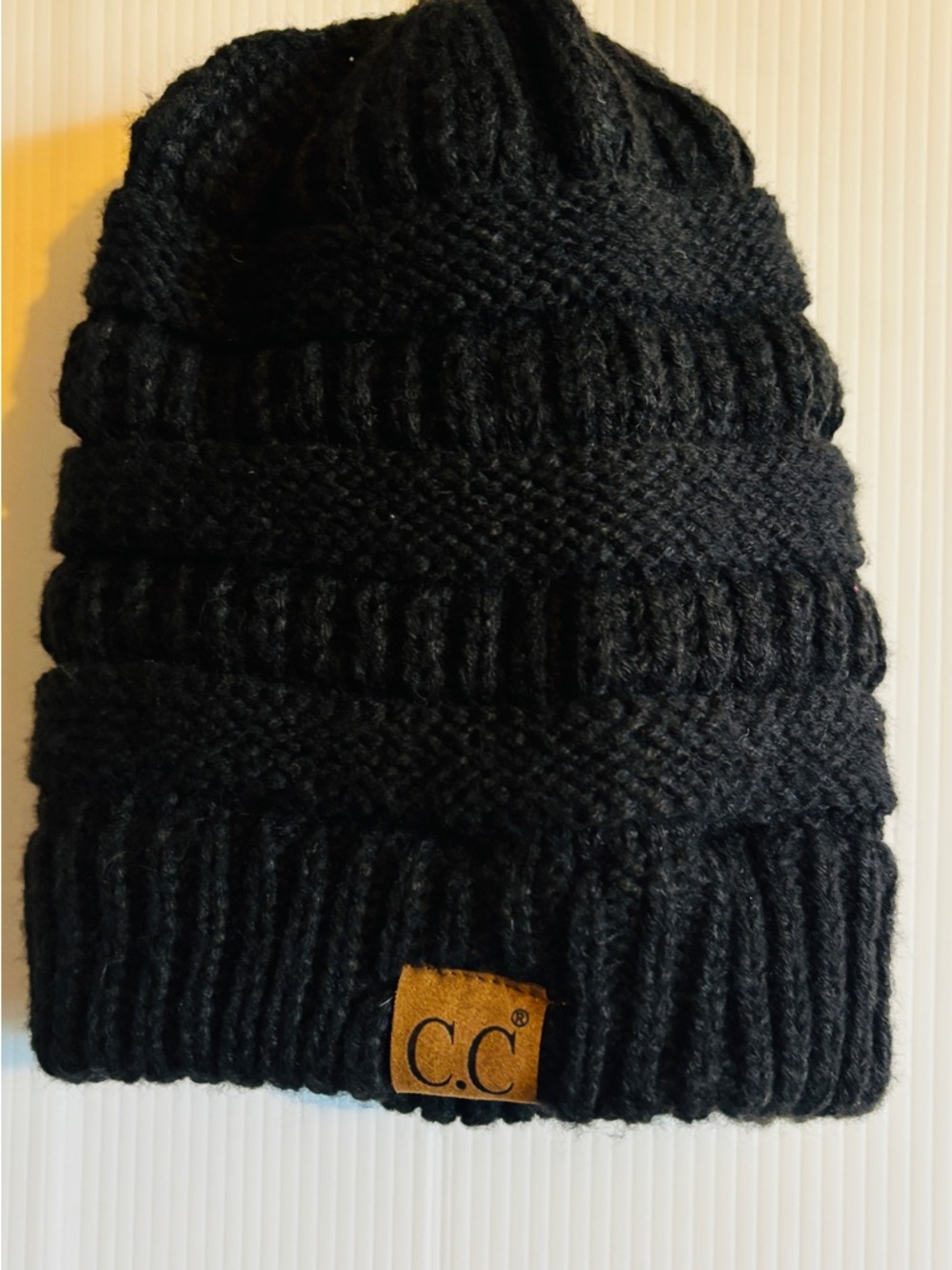 C.C Black Knit Beanie with Tan Logo Patch